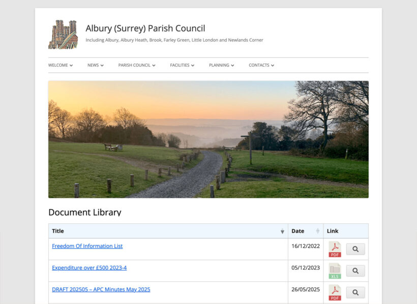 Albury Parish Council Document Library with Google Sheets spreadsheet embeds