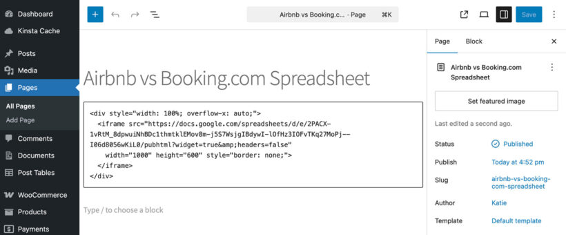 Embed Google Sheet in WordPress Page