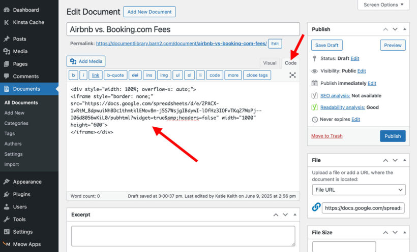 Embed spreadsheet in WordPress document