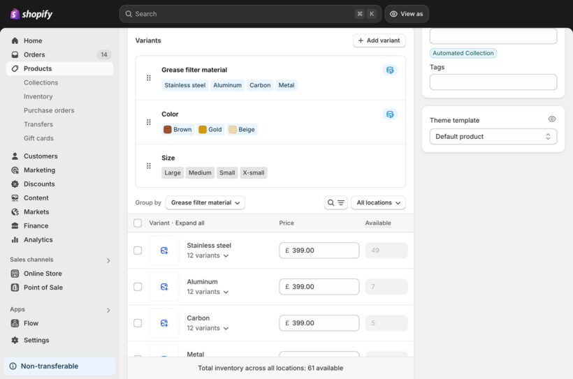 Shopify bulk edit variants product page.