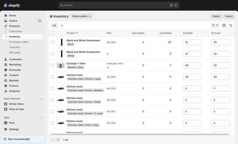 Shopify native bulk inventory edit management