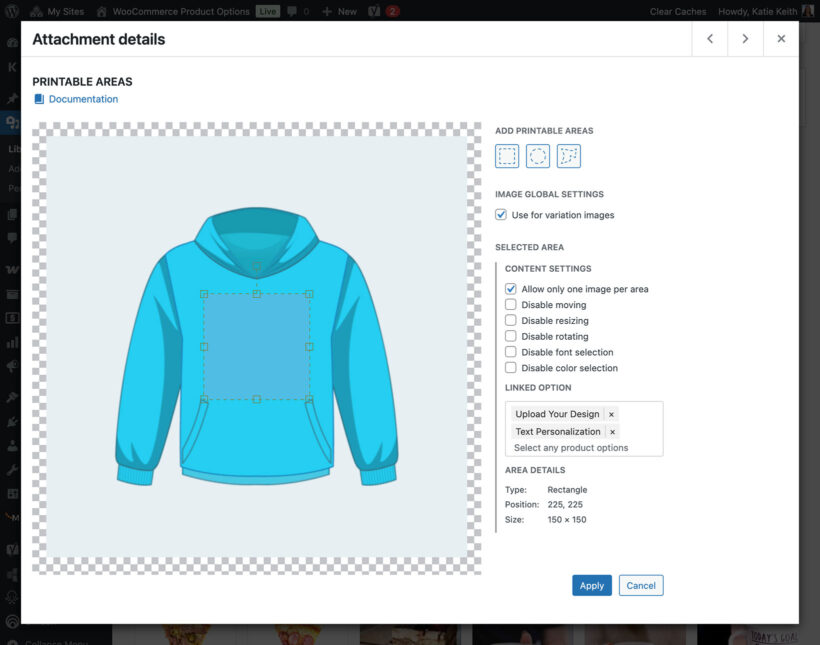 WooCommerce live preview text printable area