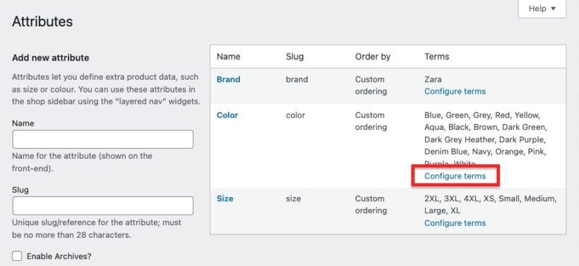 How to configure terms for WooCommerce attributes