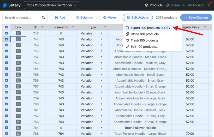 WooCommerce export products bulk
