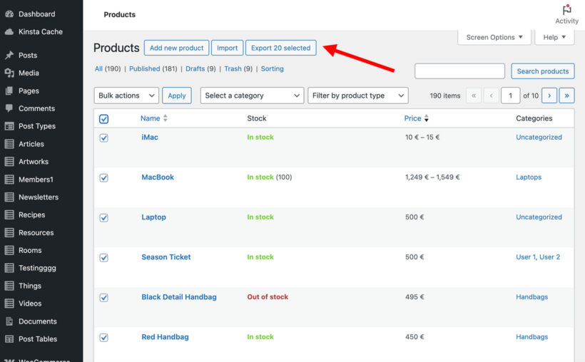 WooCommerce export products in WordPress admin