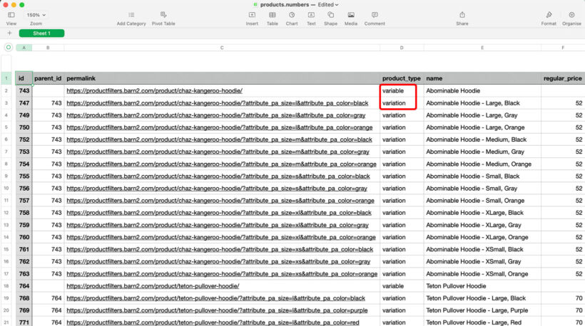 WooCommerce exported products CSV