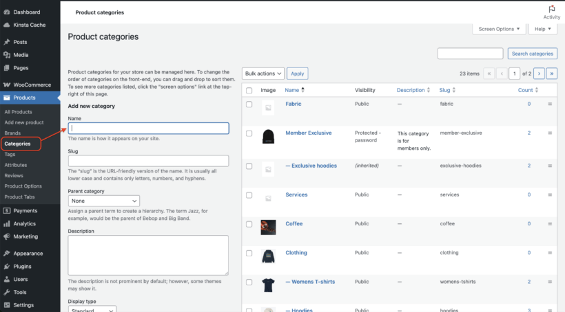 WooCommerce products-categories, how to add new category
