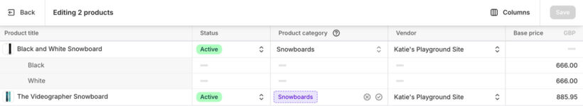 Shopify default native bulk editor