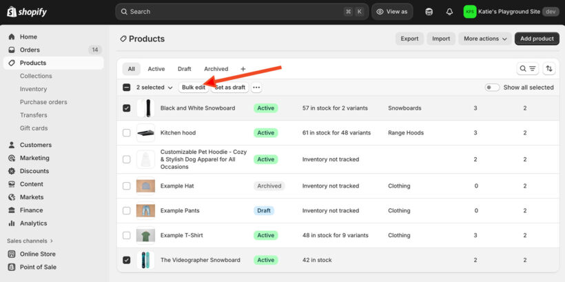 Shopify default native bulk editor Products page