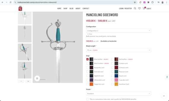 Malleus martialis sword product customization options