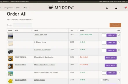 Myddfai order form product table from Barn2 All Access Pass
