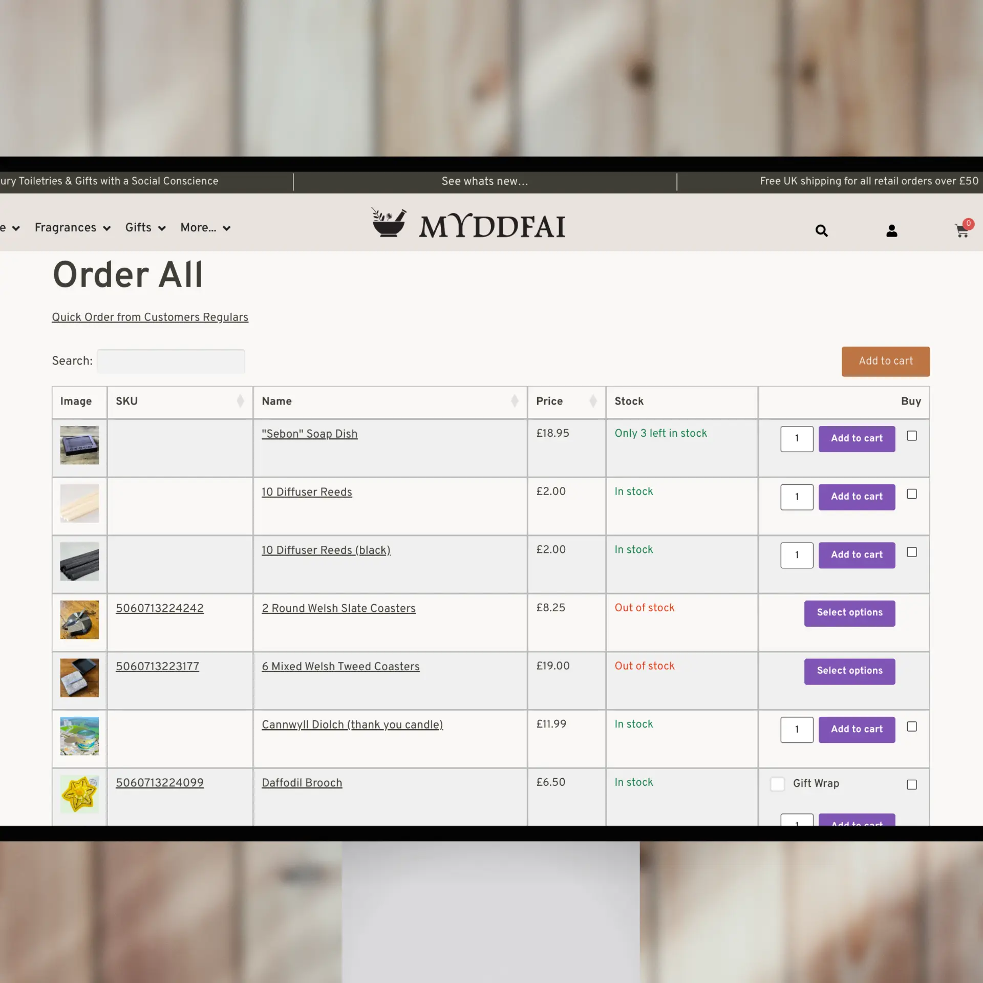 Myddfai order form product table from Barn2 All Access Pass