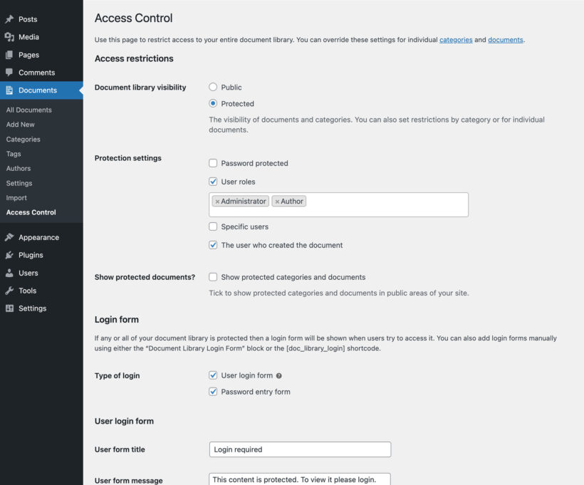 Private WordPress document library access control screenshot