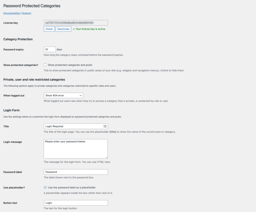 WordPress Password Protected Categories plugin settings page screenshot