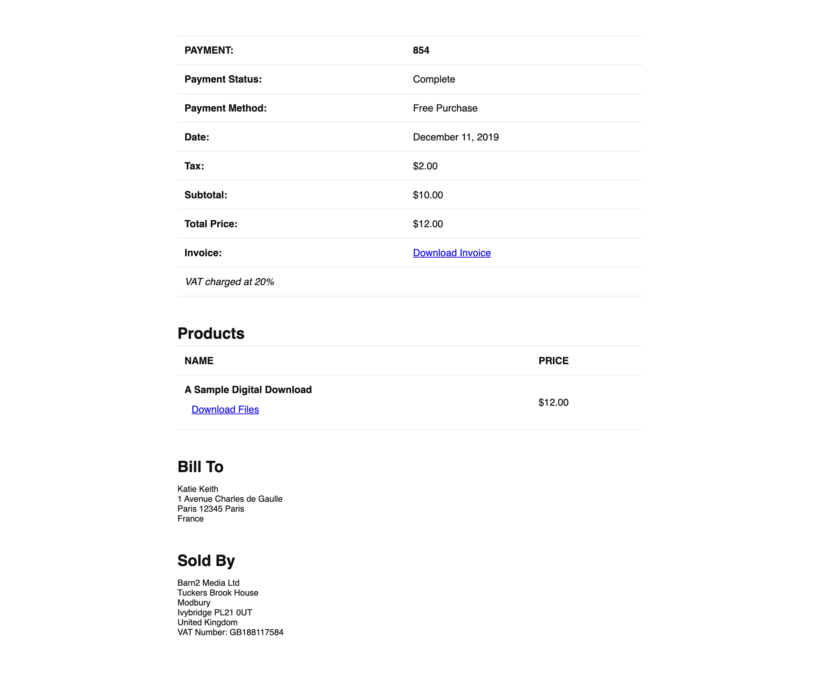EDD EU VAT plugin screenshot email receipt link in browser