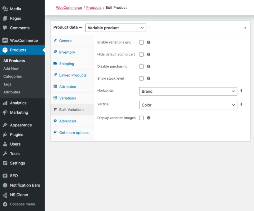 Enable variations grid for individual WooCommerce products