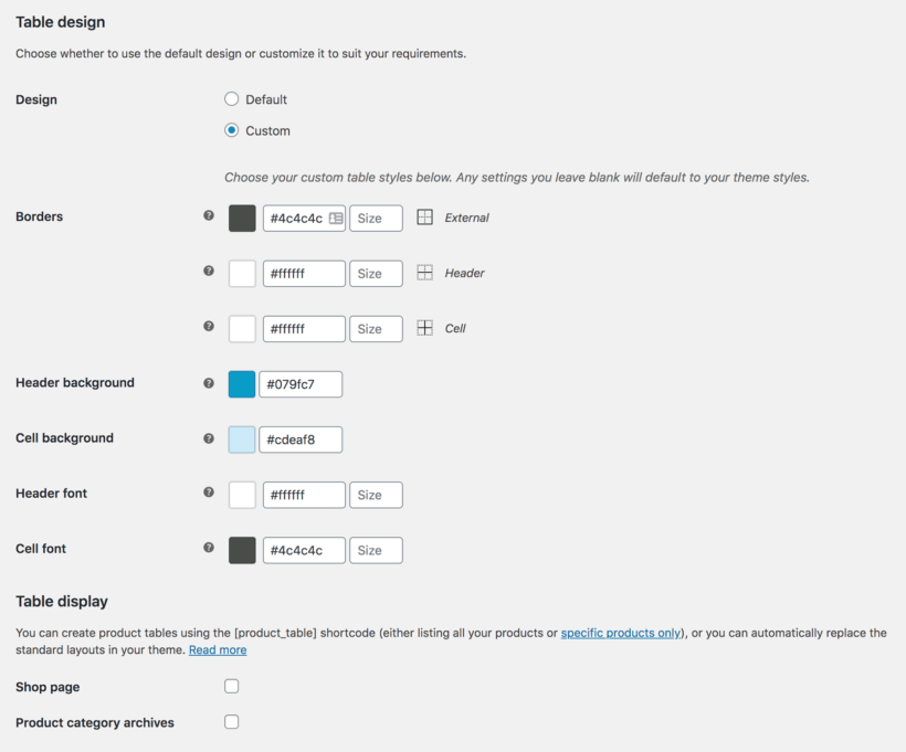 Product table design options screenshot WooCommerce.