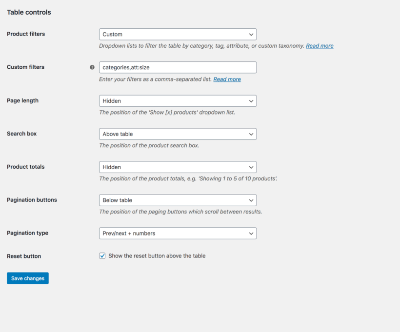 WooCommerce Product Table screenshot search filter controls