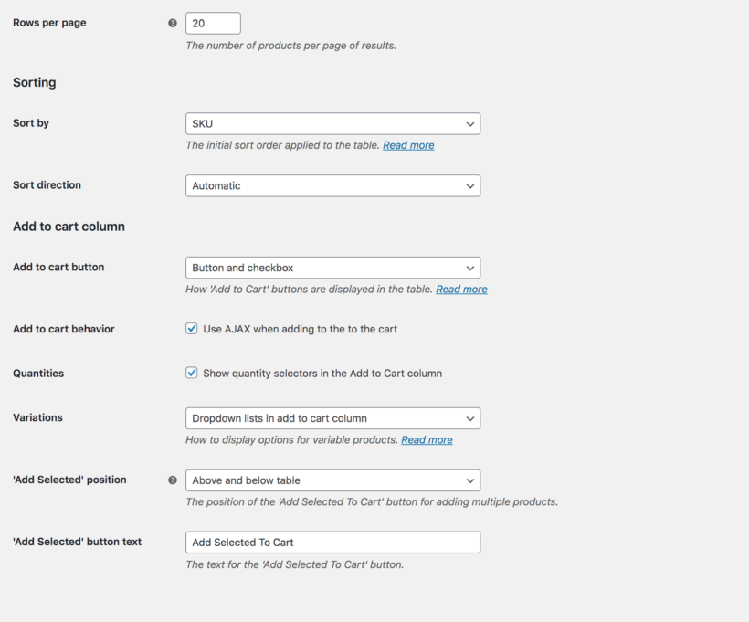 WooCommerce Product Table settings screenshot add to cart