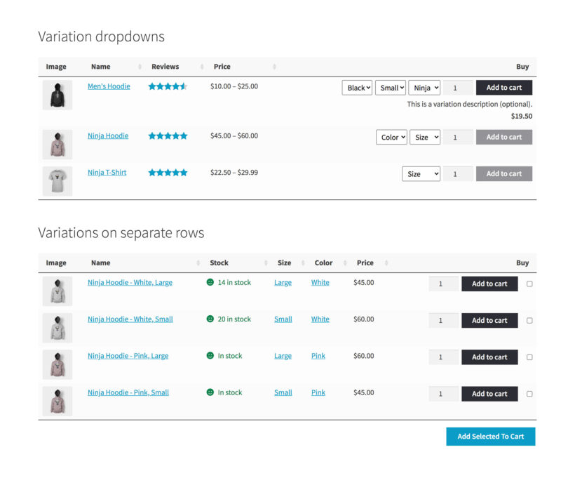 WooCommerce Product Table list variations plugin