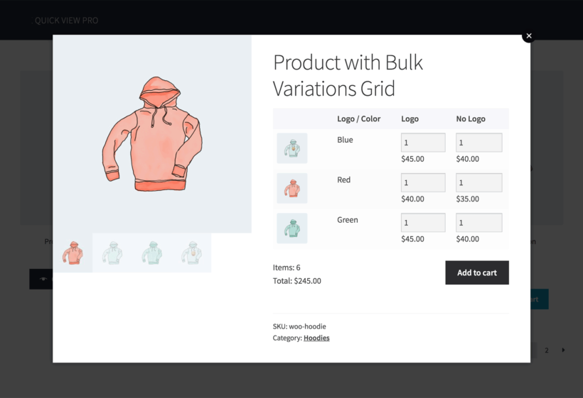 WooCommerce Quick View plugin bulk variations grid