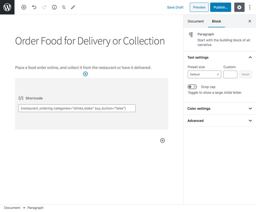 WooCommerce restaurant food ordering shortcode