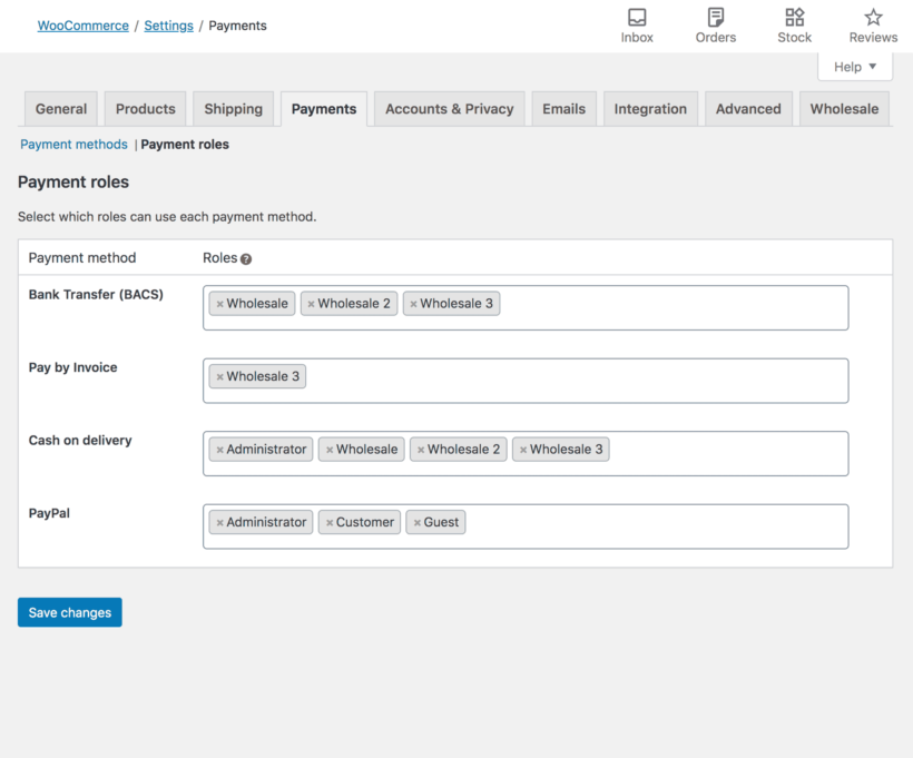 WooCommerce role based payment options screenshot