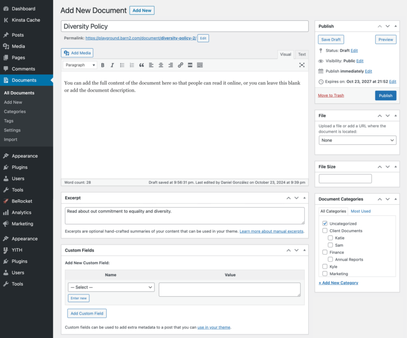 WordPress document management screenshot - Add resource to Media Library