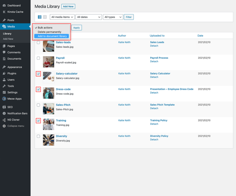 Add Media Library files to WordPress document library