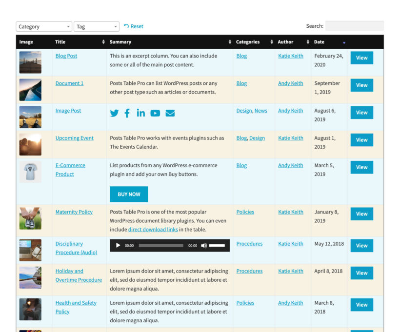 Posts Table Pro styling options screenshot