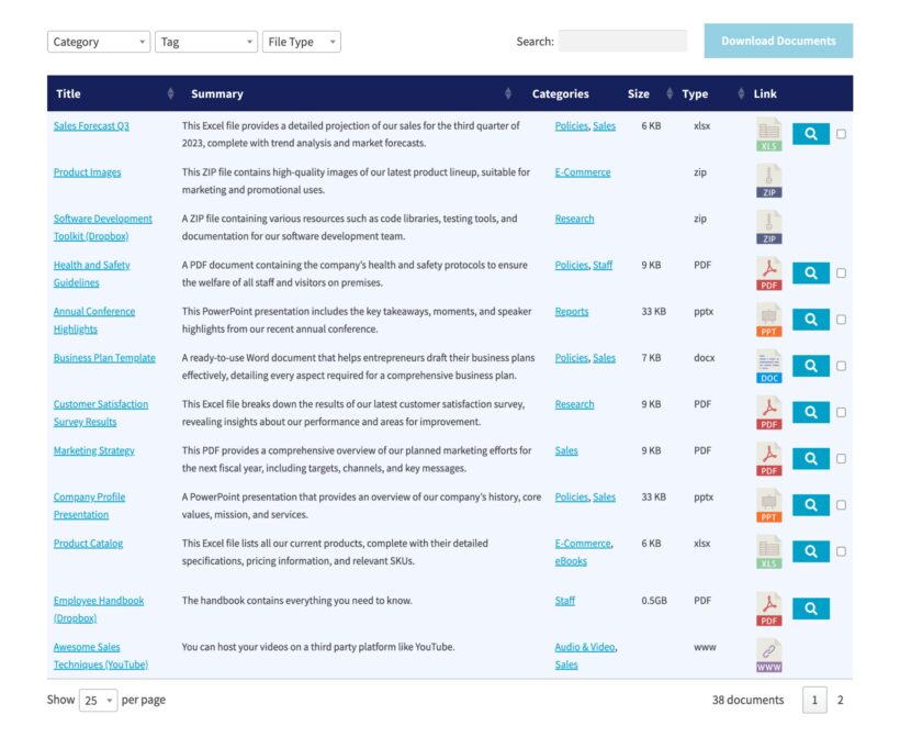 WordPress document library styling options screenshot