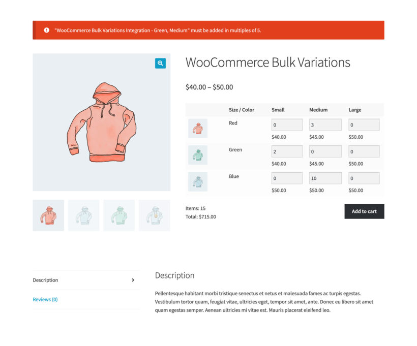 WooCommerce min max quantity plugin screenshot bulk variations
