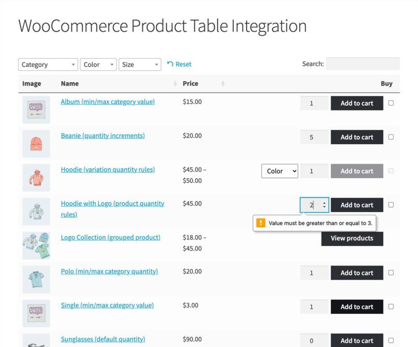 WooCommerce Product Table quantity manager screenshot