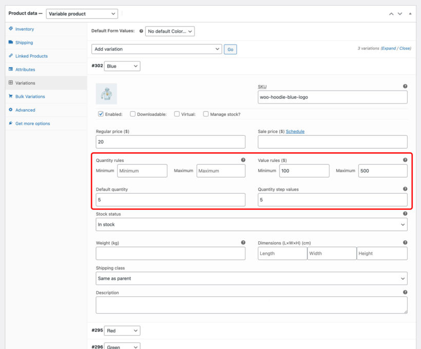 WooCommerce Quantity Manager screenshot variation rules