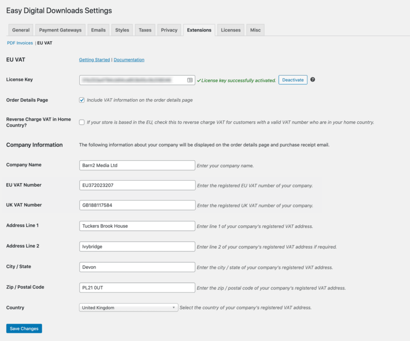 Easy Digital Downloads EU VAT plugin settings page