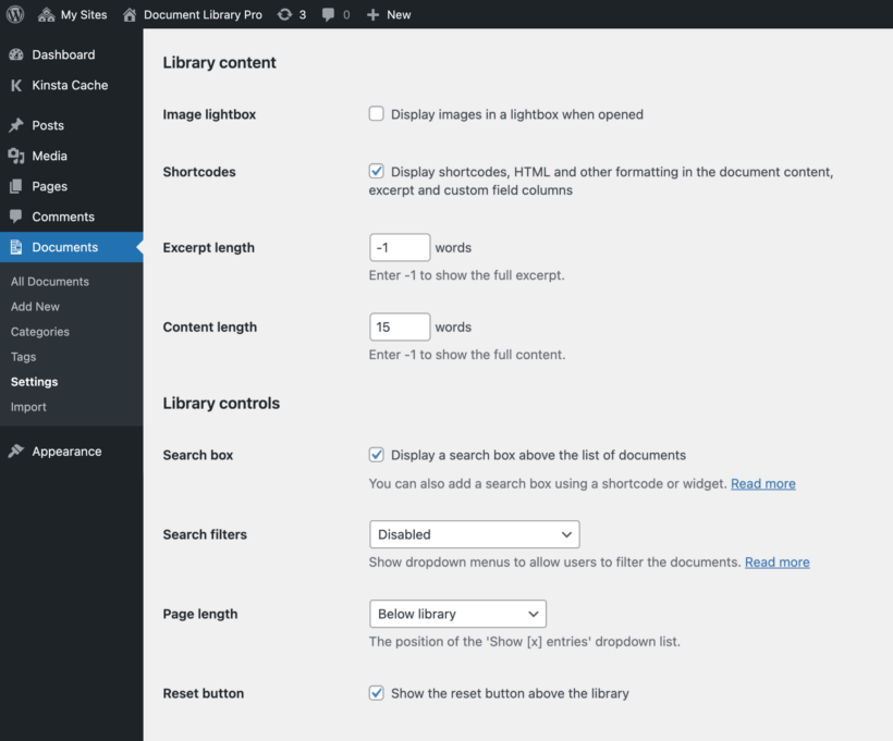 Document Library Pro plugin - general settings