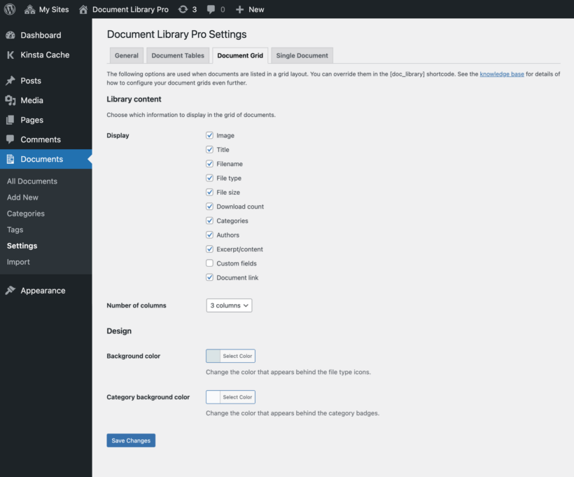 WordPress documents grid settings screenshot