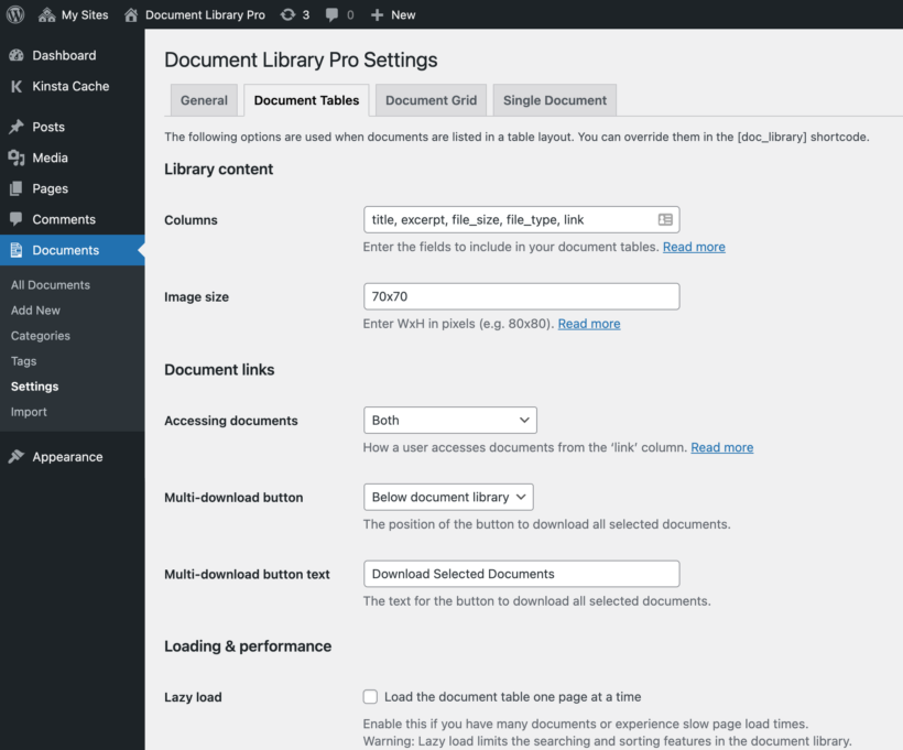 WordPress document management library plugin settings