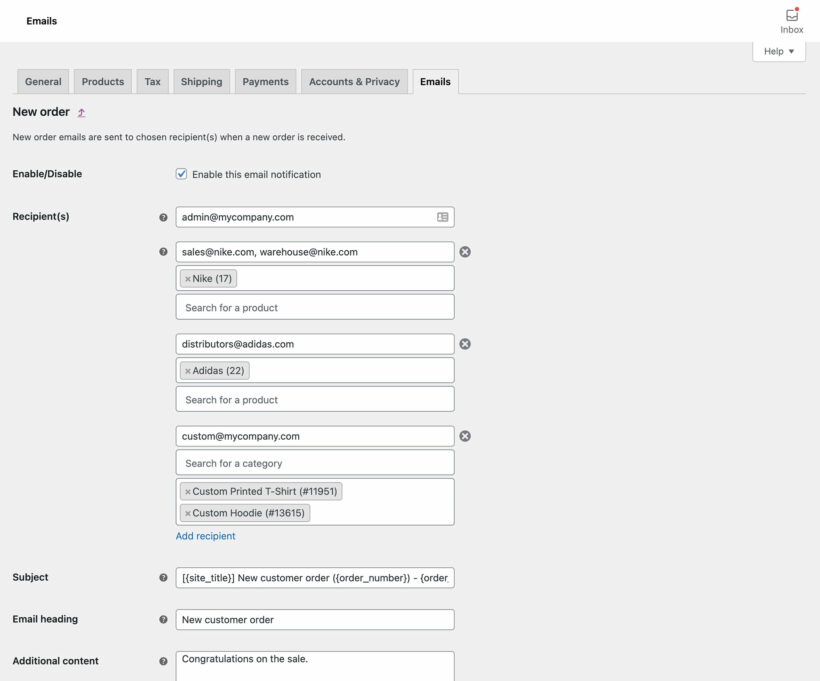 WooCommerce order email multiple addresses plugin screenshot