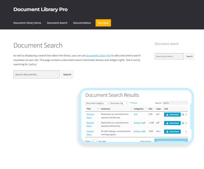 Standalone document search WordPress