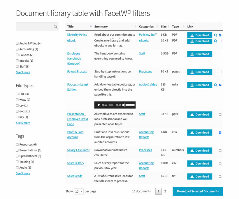 WordPress document library filter widgets