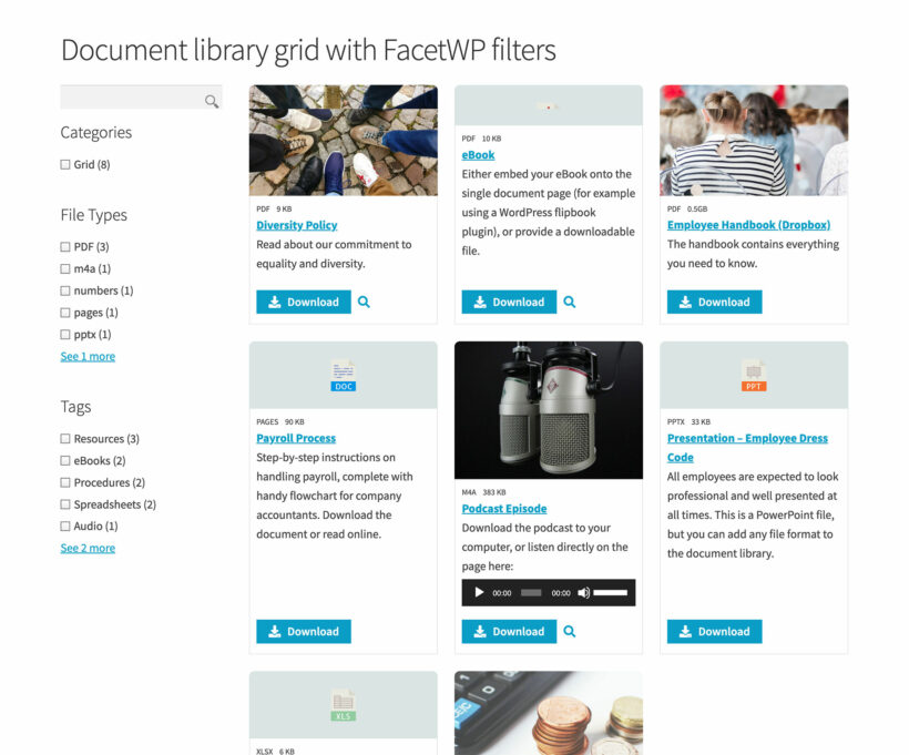WordPress document library filters