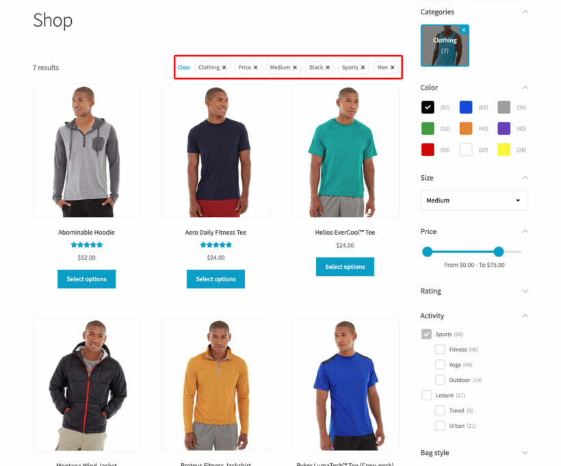 Active product filters with clear link screenshot