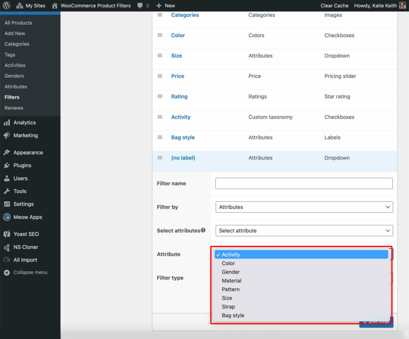 WooCommerce filter by attribute screenshot