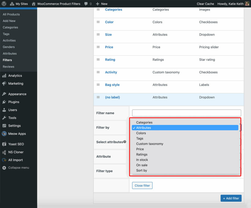 WooCommerce filter by product categories and other data
