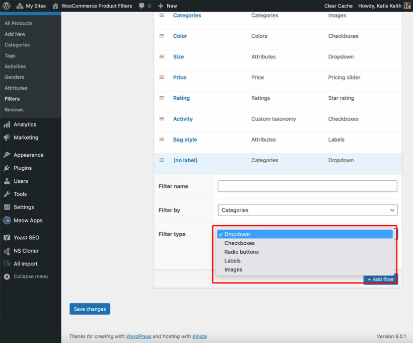 WooCommerce product filter styles dropdown checkbox radio button image swatch