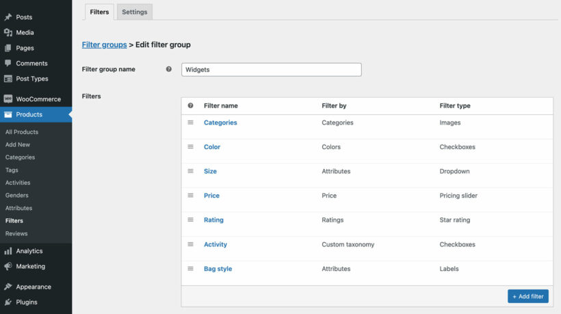 WooCommerce Product Filters add edit manage filters