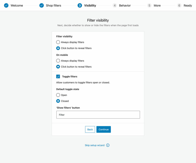 WooCommerce filter visibility options screenshot