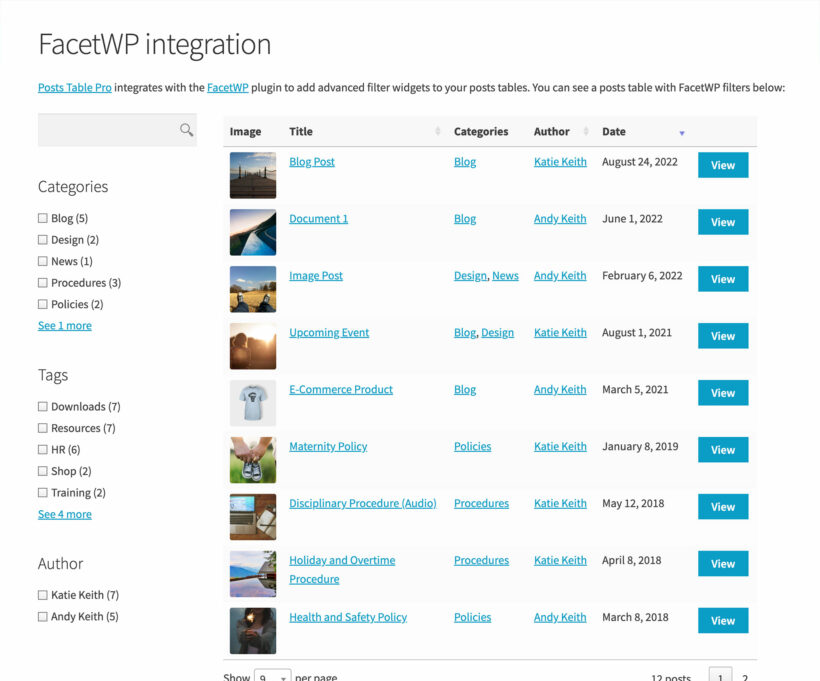WordPress table plugin filter widgets