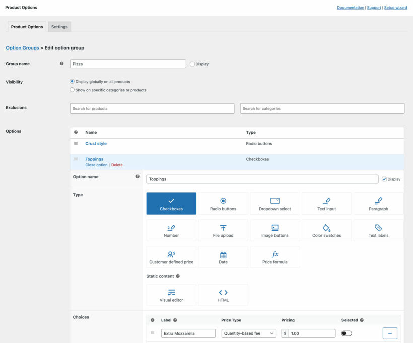 WooCommerce product add-ons field types